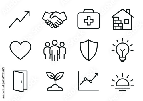 Post-Crisis Recovery Icons. Outline icon set of post-crisis recovery: rising arrow, handshake, first aid kit,