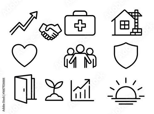 Post-Crisis Recovery Icons. Outline icon set of post-crisis recovery: rising arrow, handshake, first aid kit,