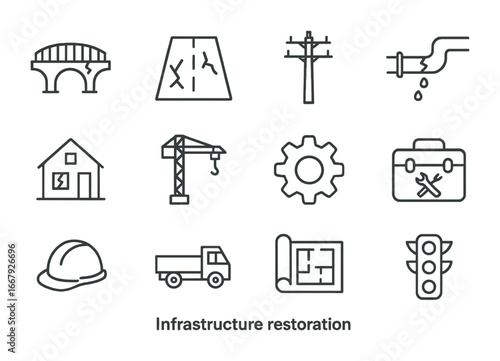 Infrastructure Restoration Icons. Outline icon set of infrastructure restoration: bridge, road, electricity