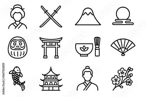 Japanese culture outline icon set. Traditional Japan symbols. Geisha, samurai katana, fuji, torii gate, daruma, koi fish, pagoda, matcha tea, fan, sakura blossom vector.