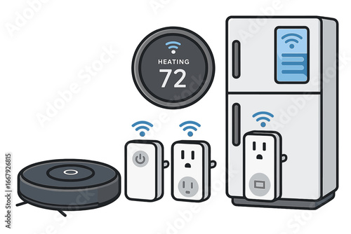 Smart home automation vector illustration set. IoT devices concept for modern living. Robotic vacuum, smart plug, thermostat, and refrigerator. Household technology concept.