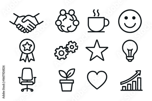 Positive Workplace Icons. Outline icon set of positive workplace culture: handshake, group circle, coffee cup,