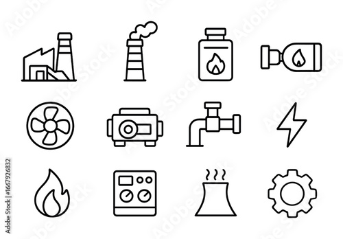 Waste-to-Energy Icon Set. Outline icon set of thermal power from waste: incinerator, smokestack, furnace,