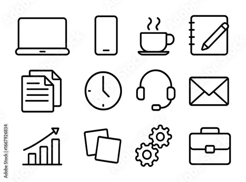Work Multitasking Icons. Outline icon set of multitasking during work: laptop, phone, coffee cup, notebook,