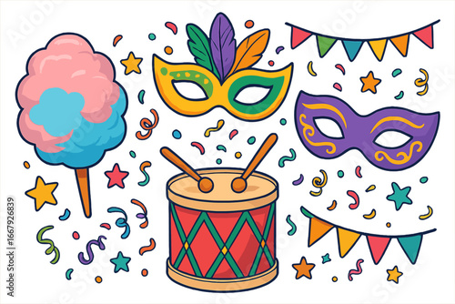 Carnival festival vector set with masks, drum, cotton candy and confetti. Celebration party icons for Mardi Gras or circus fair. Colorful cartoon illustration graphic elements.