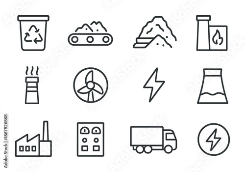 Waste-to-Energy Icons. Outline icon set of waste-to-energy plants: recycling bin, conveyor belt, waste pile,