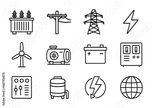 Sustainable Energy Icons. Outline icon set of power distribution from waste: transformer, power line, pylon,