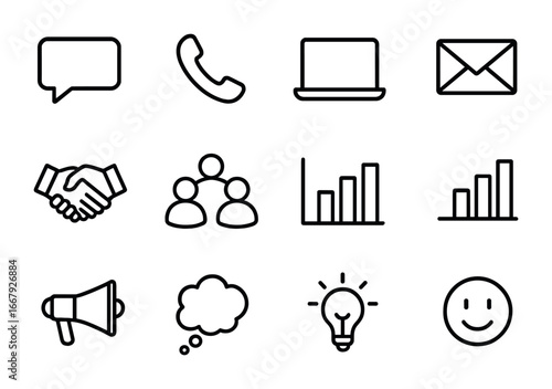 Workplace Communication Icons. Outline icon set of workplace communication: speech bubble, phone, laptop,