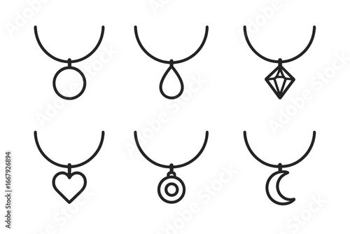 Jewelry line icon set. Necklace and pendant outline collection. Stylish minimalist accessories vector. Fashion symbols including diamond, heart, moon, and drop shapes.