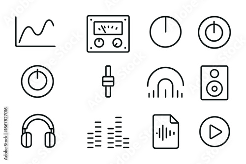 Mixing Icons Set. Outline icon set of mixing and mastering: equalizer graph, compressor, limiter, stereo