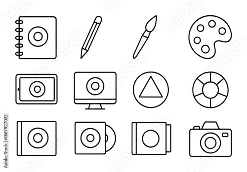 Album Design Icons. Outline icon set of album artwork design: sketchbook, pencil, paintbrush, palette, digital