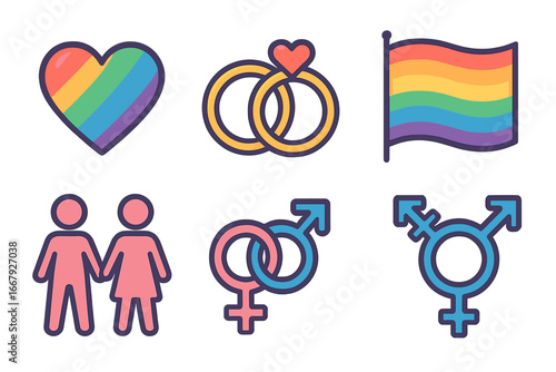 LGBTQ pride icon set. Rainbow flag, heart, transgender symbol. Heterosexual couple, wedding rings. Love, gender identity, partnership symbols. Vector cartoon illustration.