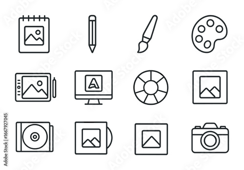 Album Design Icons. Outline icon set of album artwork design: sketchbook, pencil, paintbrush, palette, digital