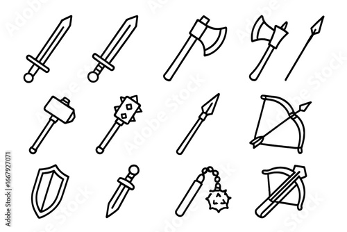 Medieval weapons line icon set. Knight battle assets. Sword, axe, crossbow, bow, shield, mace, flail, spear, hammer. Simple outline cartoon vector for fantasy RPG games.