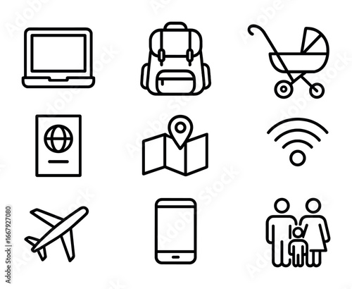 Digital Nomad Icons. Outline icon set of digital nomad family lifestyle: laptop, backpack, stroller, passport,
