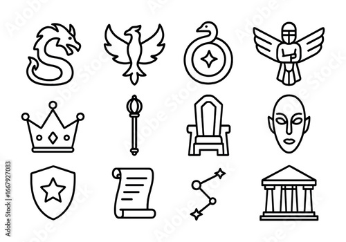 Intergalactic Myth Icons. Outline icon set of intergalactic myths and legends: dragon, phoenix, cosmic serpent