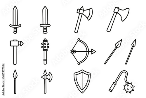 Medieval weapons line icon set. Swords, axes, bows, mace, hammer, flail, shield and spear outline collection. Vector cartoon illustration for fantasy RPG game assets.