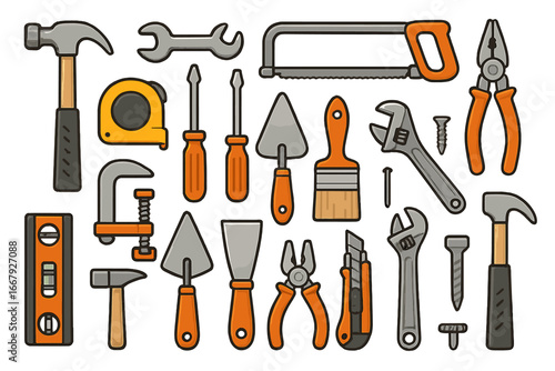 Set of construction tools for repair and building. Vector icons for carpentry, DIY work. Handyman equipment collection with hammer, saw, wrench, screwdriver, pliers.