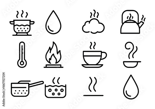 Steam Transformation Icons. Outline icon set of water turning into steam: boiling pot, water droplet, steam
