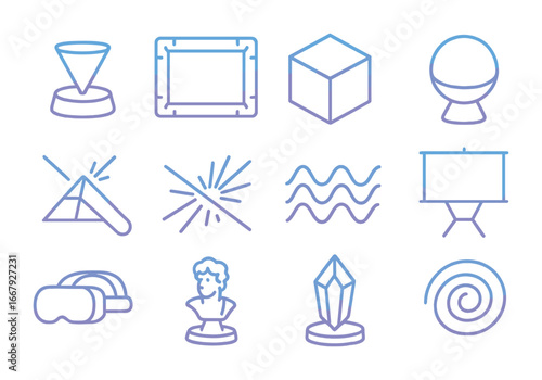Holographic Icon Grid. Outline icon set of holographic art for digital galleries: hologram display, virtual