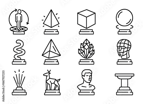 3D Holographic Icons. Outline icon set of 3D holographic sculptures: rotating figure, prism, cube, glowing orb