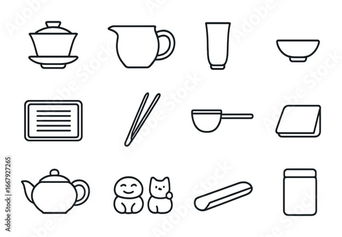 Chinese Gongfu Tea Icons. Outline icon set of Chinese gongfu tea set: gaiwan, fairness pitcher, aroma cup,