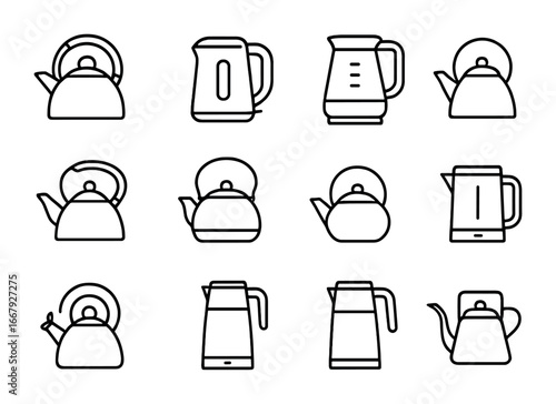 Tea Kettle Icon Set. Outline icon set of tea kettles: stovetop kettle, electric kettle, glass kettle, copper
