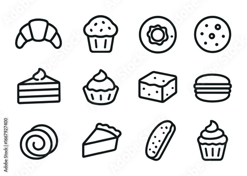 Pastry Icon Set. Outline icon set of pastries and treats: croissant, muffin, donut, cookie, slice of cake,