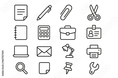 Office and utility essential outline icon set, practical tools in simple line style, vector cartoon illustration, transparent background, organized icons for business and work