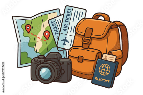 Travel essentials vector concept. Vacation journey preparation with backpack, map, air tickets, passport, and camera. Tourism adventure planning objects flat cartoon illustration.