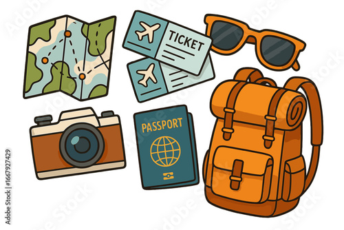 Travel essentials icon set for vacation planning. Vector illustration of adventure items like map, passport, flight tickets, camera, sunglasses, and a backpack for a journey.