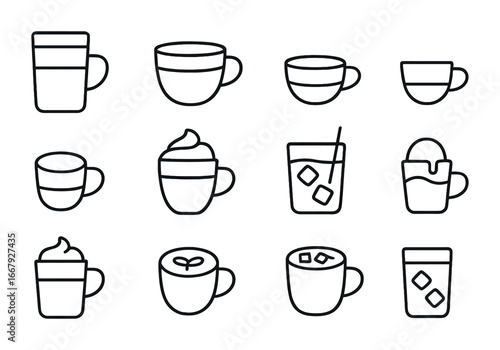 Specialty Drink Icons. Outline icon set of specialty drinks: latte, cappuccino, flat white, espresso,