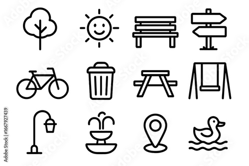 Park and Recreation Line Icon Set with Nature, Outdoor Activities, Urban Amenities, Bicycle, Bench, Swing, Fountain, Duck, and Signpost Symbols Vector Cartoon Illustration Transparent Background