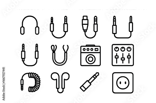 Audio Cable Icons. Outline icon set of audio and music cords: headphone cable, aux cord, XLR cable, microphone