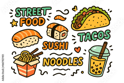 Street food doodle set with sushi, tacos, noodles, and bubble tea. Cute kawaii cartoon vector icons. Asian and Mexican fast food concept for menu, sticker, or takeout design.