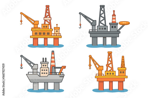 Offshore oil platforms for efficient marine exploration and production, daytime vector cartoon illustration of industrial marine rigs with cranes and helipads