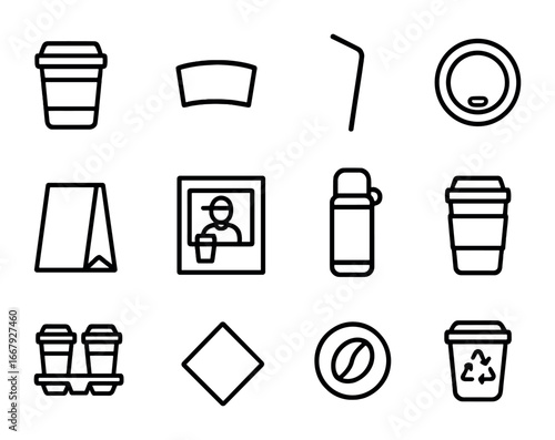 Takeaway Coffee Icons. Outline icon set of takeaway coffee: paper cup, sleeve, straw, lid, bag, drive-thru