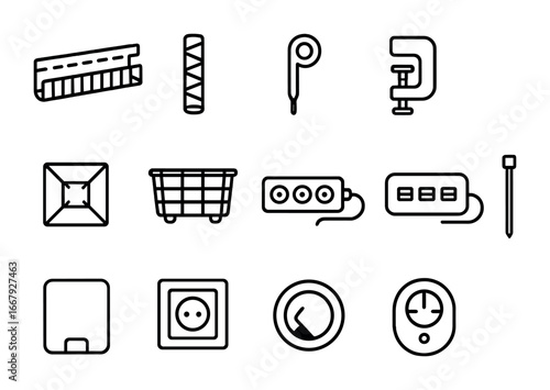 Under-Desk Icons. Outline icon set of under-desk organization: cable tray, cord sleeve, Velcro tie, clamp,