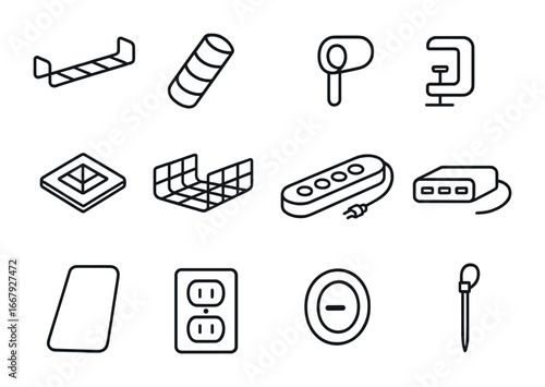 Under-Desk Icons. Outline icon set of under-desk organization: cable tray, cord sleeve, Velcro tie, clamp,