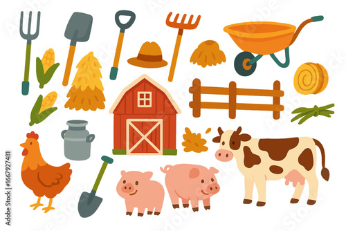 Farm life vector set with cute cartoon animals and agriculture tools. Collection of isolated farming elements: cow, pig, chicken, barn, shovel, rake, corn, hay. Rural concept.