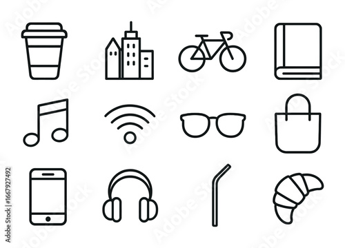Urban Coffee Icons. Outline icon set of urban coffee culture: to-go cup, city skyline, bicycle, book, music