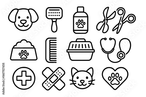 Pet care outline icon set including grooming tools, hygiene essentials, veterinary symbols, pet food, medical care, and animal health icons in vector cartoon style