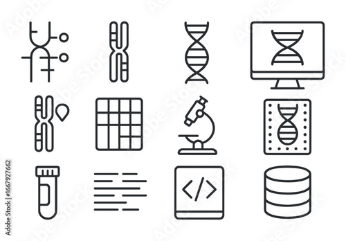 Genome Mapping Icon Set. Outline icon set of genome mapping: genetic map, chromosome banding, double helix,
