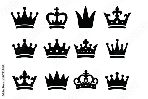 Crown silhouette vector icon set. Royal crowns collection for king, queen, prince. Heraldic logo element. Majestic, luxury, power symbol. Black simple graphic design element.