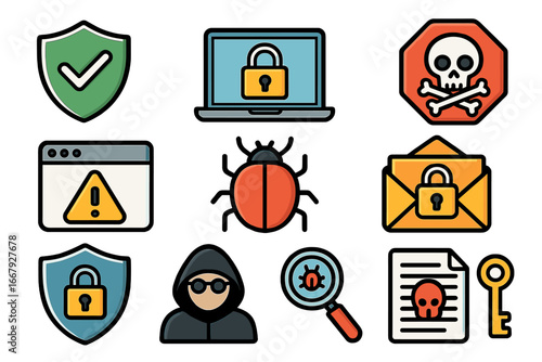 Cybersecurity icon set. Hacker, virus, and malware protection. Digital threats and internet safety concepts. Data protection, phishing, shield, lock, bug, skull and key.
