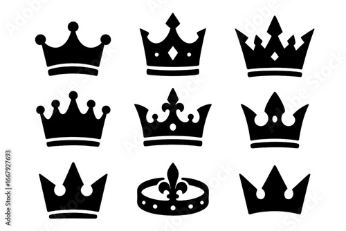 Big set of black vector crown silhouettes. Royal king, queen, prince and princess crowns icon collection. Heraldic monarchy symbols. Majestic, power, luxury and authority concept.