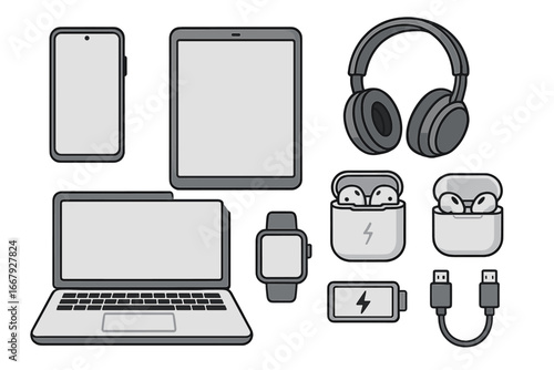 Modern electronic devices and accessories icon set. Vector cartoon illustration of laptop, smartphone, tablet, headphones, smartwatch. Gadget collection flat design isolated.