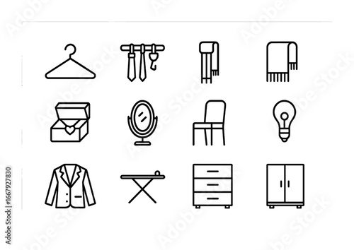 Dressing Room Icons. Outline icon set of dressing room details: hanger, tie rack, shoe rack, scarf, jewelry
