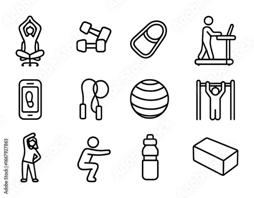 Workplace Fitness Icons. Outline icon set of workplace fitness: desk yoga, mini dumbbells, resistance band,