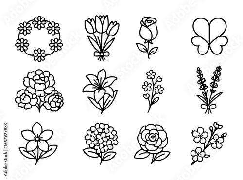 Romantic Spring Flower Set. Outline icon set of romantic spring flowers: daisy chain, tulip bouquet, rosebud,